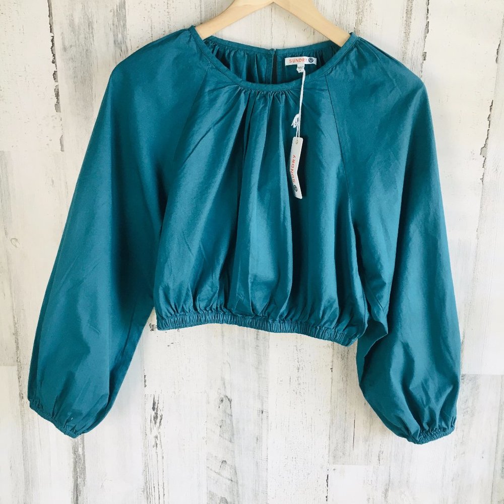 NWT Sundry Cropped Blouse Top Puff Sleeve Teal Green Blue REVOLVE sz 1 S
